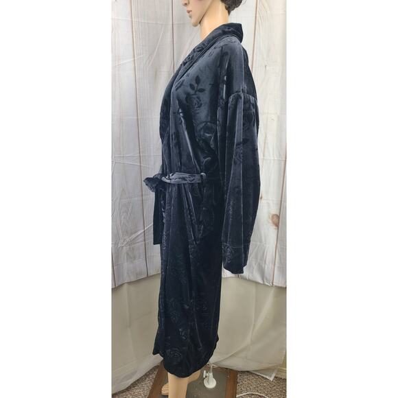 Laurel Rose Country Blk Crushed Velvet Robe Women L Pocket‎ Belt Oversize Unisex - Picture 6 of 8